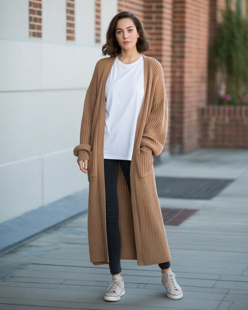 A woman wearing a simple white T-shirt and black leggings, layered with a long, oversized gray knit cardigan and white sneakers.