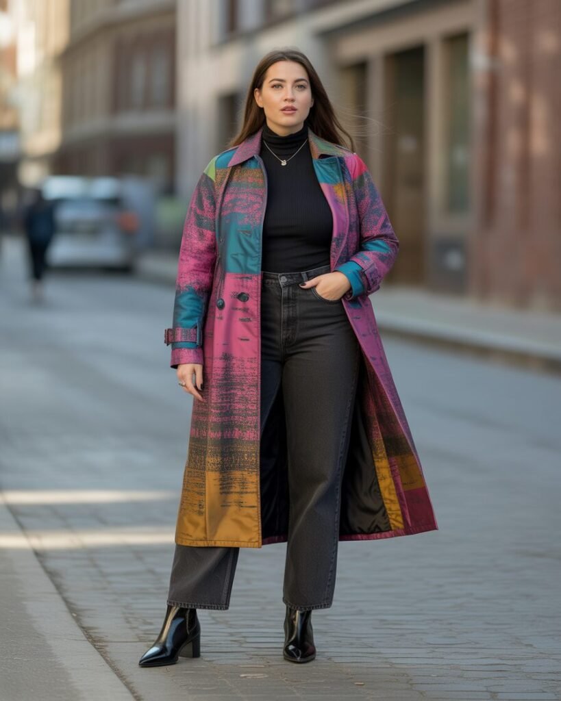 A mid-size woman wearing a beige trench coat over a black turtleneck, dark wash jeans, and black ankle boots.