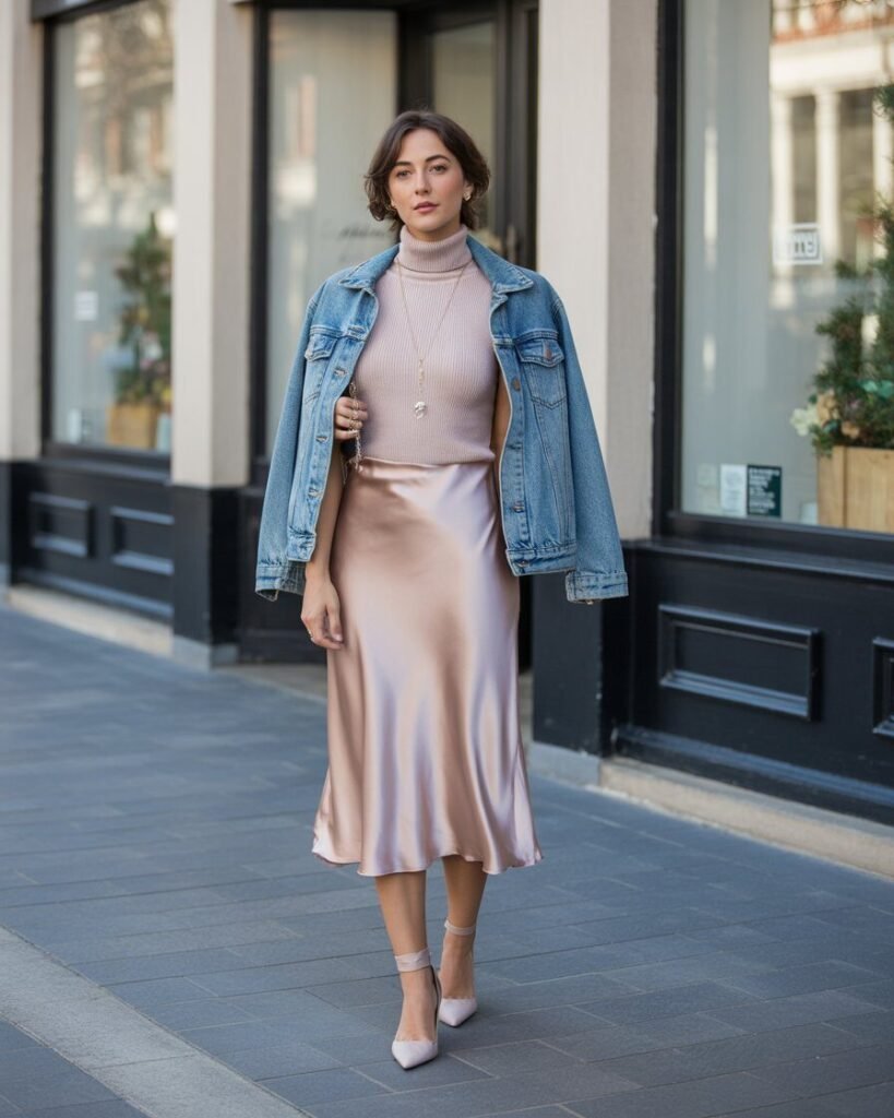 A woman wearing a black, fitted turtleneck sweater tucked into a silky gold midi slip skirt, with a light denim jacket over her shoulders.