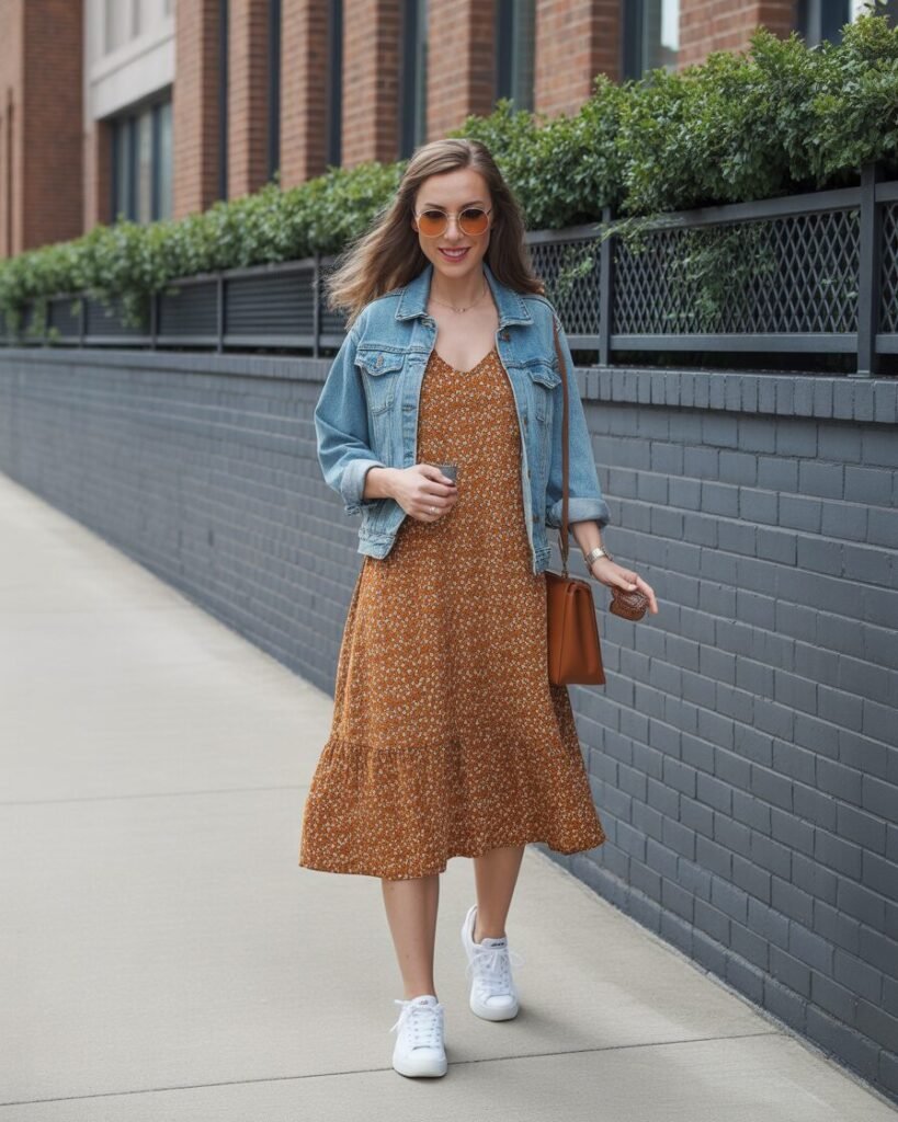 A woman wearing a long, flowy midi dress with a warm-toned floral print, paired with white sneakers and a denim jacket over her shoulders.