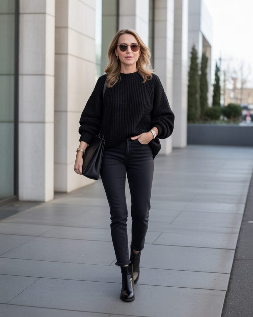 A woman wearing a chunky cream-colored sweater vest over a crisp white collared shirt, with tailored trousers.