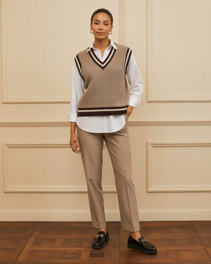 A mid-size woman in a sweater vest layered over a white button-down shirt, with tailored trousers and loafers.
