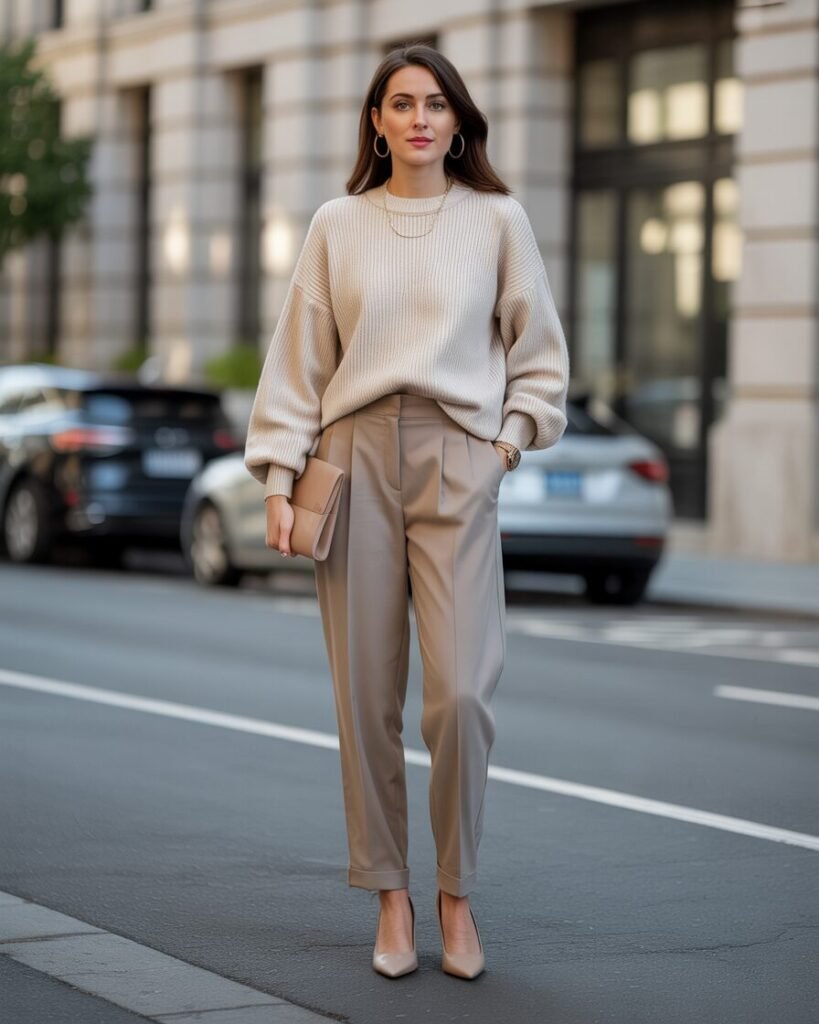 A woman wearing elegant tailored black trousers with a soft, cream-colored knit sweater, standing in an indoor setting.