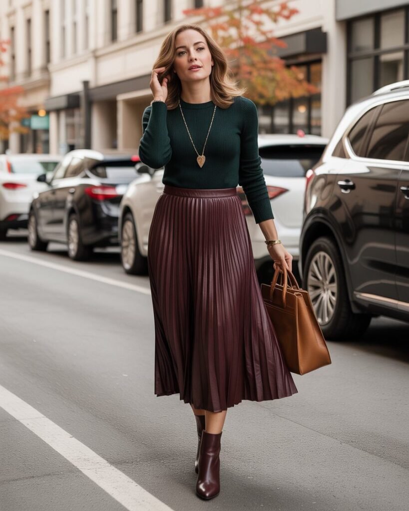 A woman in a flowing, pleated midi skirt in a deep burgundy color, paired with a tucked-in black knit sweater and heeled boots.