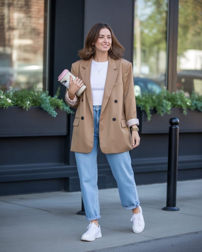 A woman wearing a comfortable, oversized plaid blazer over a simple white T-shirt and blue jeans, walking outside.