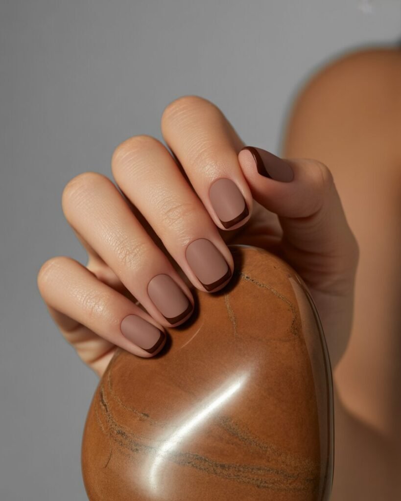 A hand with a matte mocha manicure featuring dark brown French tips. The contrast highlights the modern, sophisticated look.
