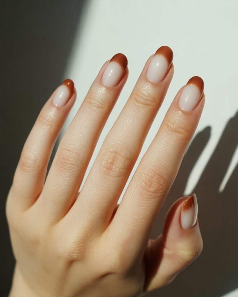 A hand with a manicure featuring a smooth ombré fade from light beige to medium brown. The design is simple and elegant.