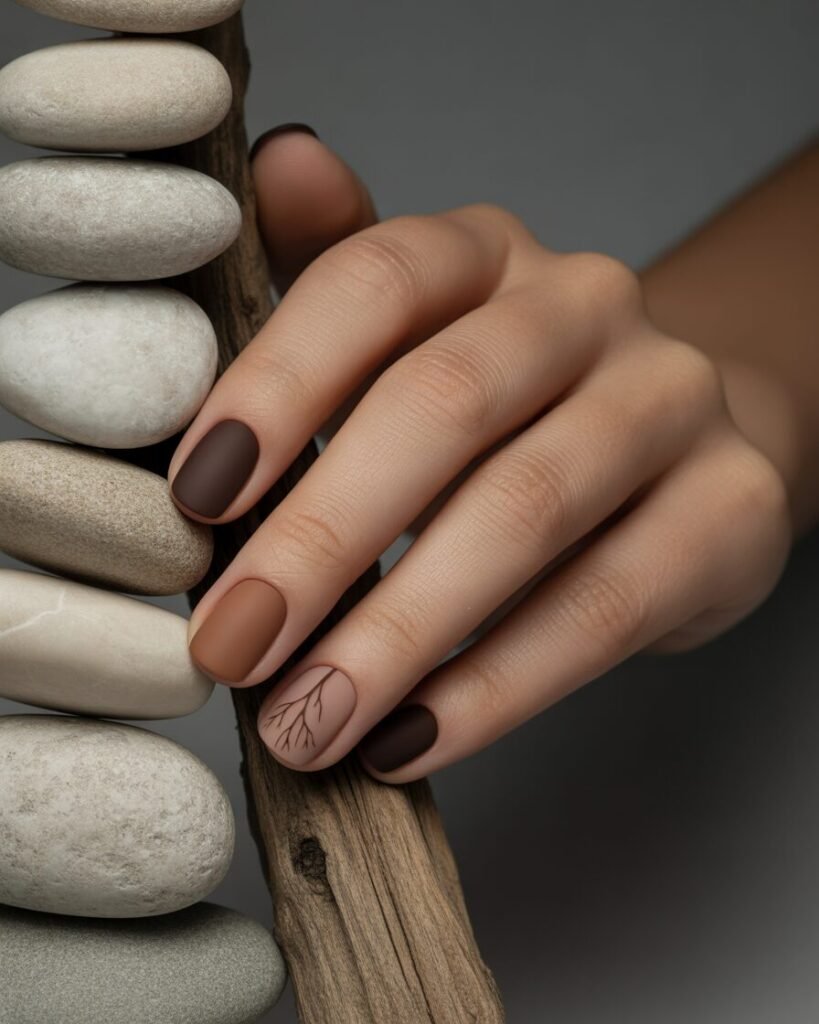  A hand with a two-tone manicure of matte espresso and tan, featuring a delicate branch design on one nail. The image highlights the cozy, natural aesthetic.