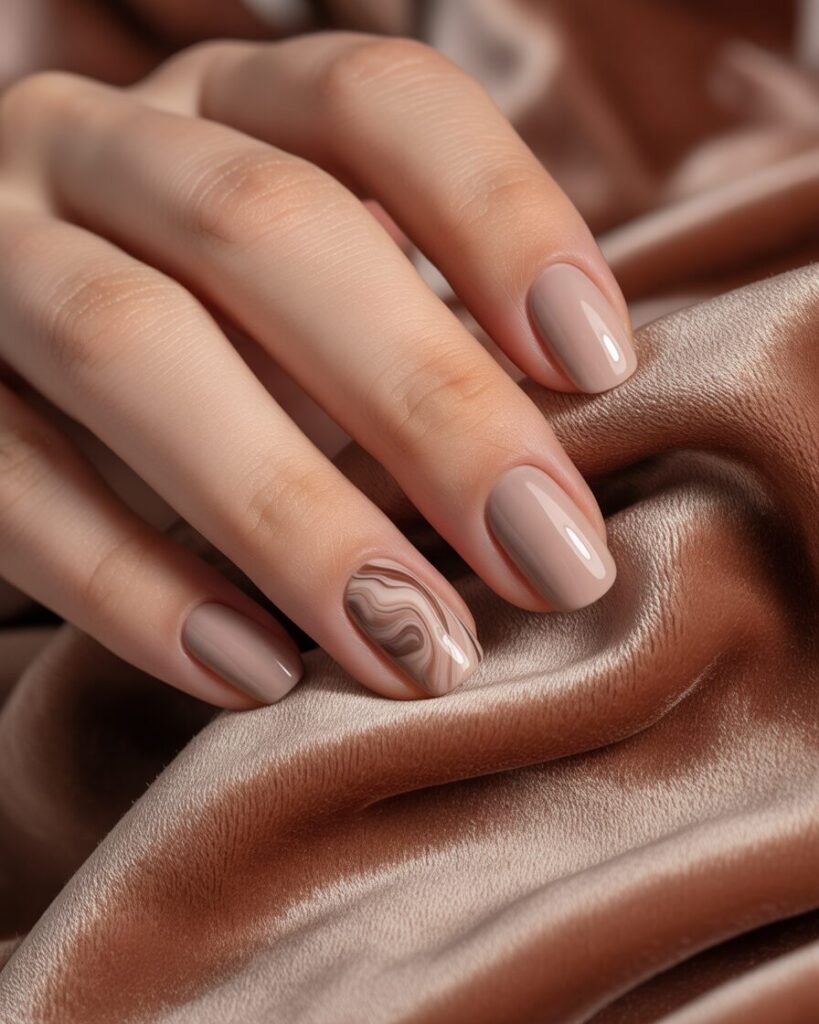 A hand with a manicure featuring solid beige nails and beige and brown marble accent nails. The design is a soft, elegant take on a popular trend.