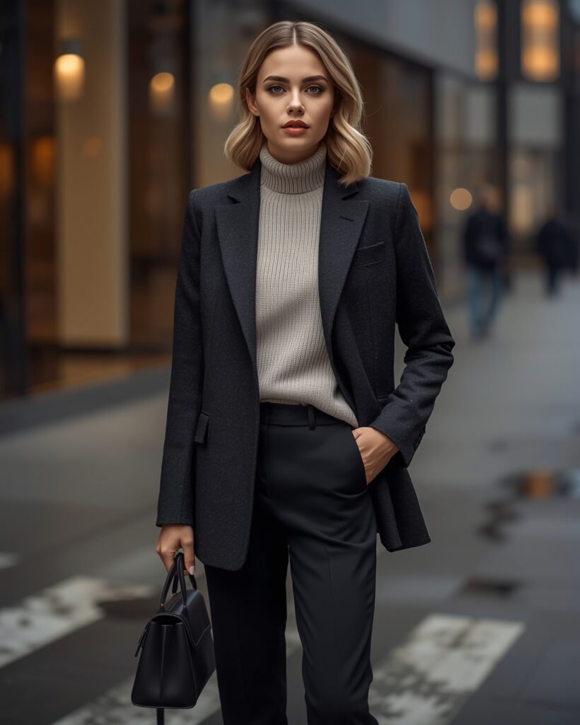 Woman wearing navy wool blazer over white high-neck sweater standing in city street.