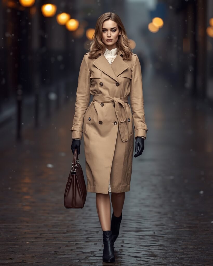 Woman in beige trench coat and black leather gloves walking through misty street.