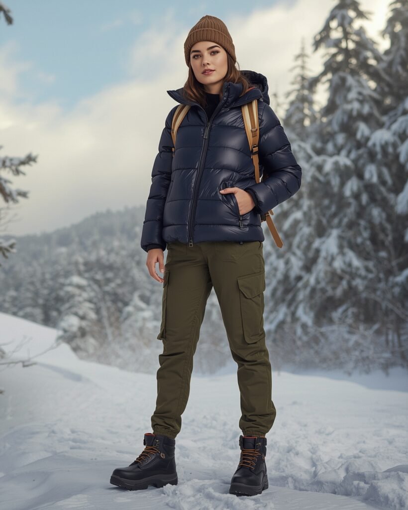 Woman wearing white down jacket and olive cargo pants on a snowy forest trail.