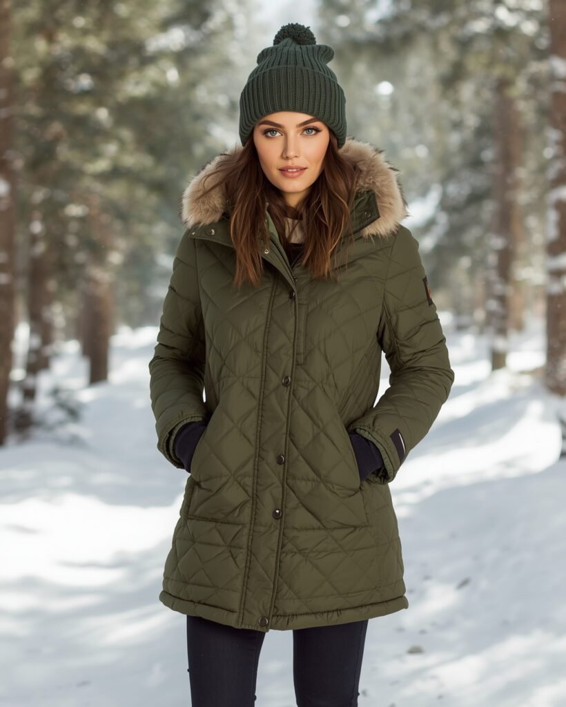 Woman wearing navy quilted parka with white beanie, standing near frozen lake.