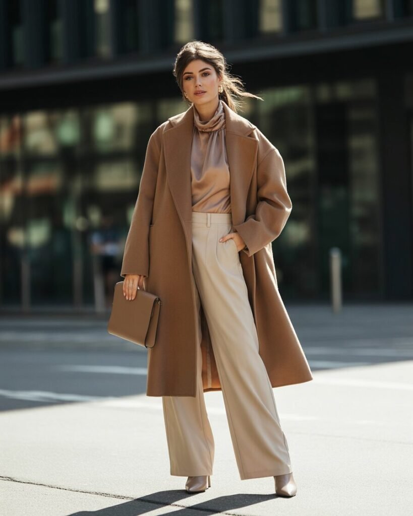 Woman in beige oversized coat and taupe wide-leg pants walking through city park.