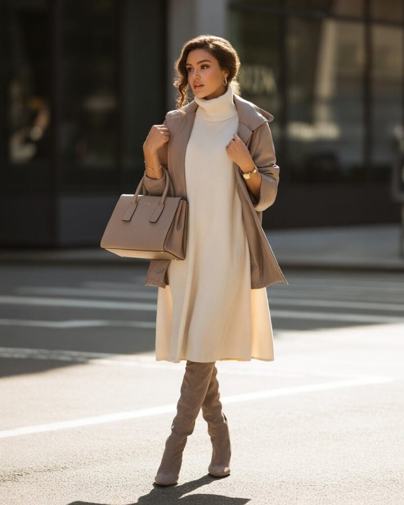 Woman wearing beige turtleneck midi dress and brown over-the-knee boots, holding leather handbag.